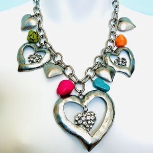 Chunky Statement Charm Dangle Bib Puffy Hearts Rhinestone Pink Blu Necklace 4517